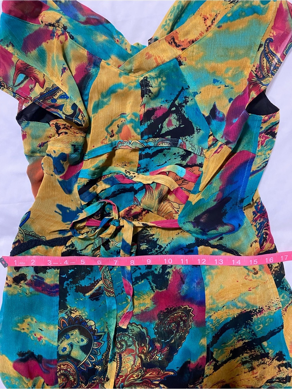 Retro style Abstract Yellow & Teal Maxi Dress with watercolor Print - Picture 5 of 6